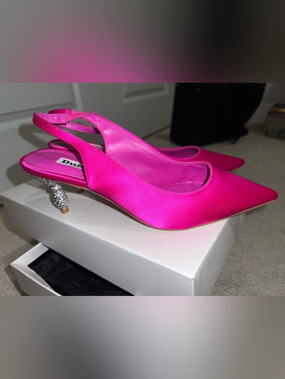 DUNE LONDON FUSHIA PINK Crystal Embellished Heel Slingback Satin Shoes - Size 40